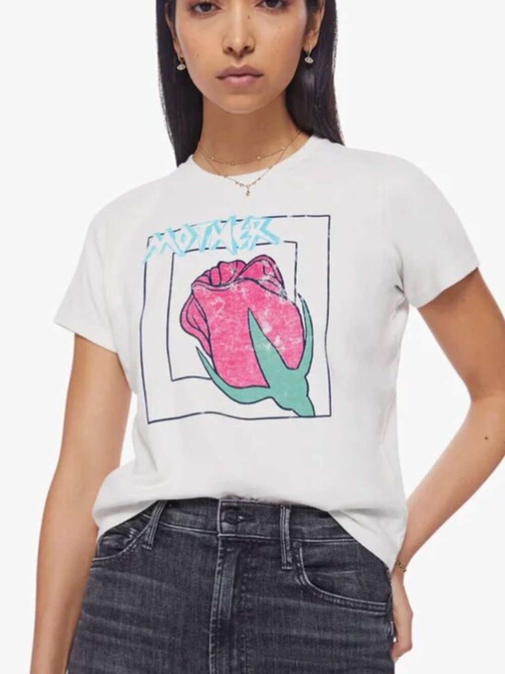 MOTHER The Cropped Itty Bitty Goodie Tee- White/Red/Green Rose- Little Bud- M